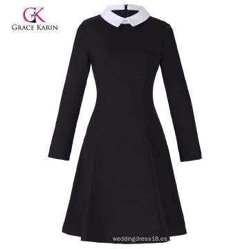 Grace Karin Mujeres con estilo y ajuste delgado manga larga contraste color muñeca collar negro A-Line Dress CL010470-1